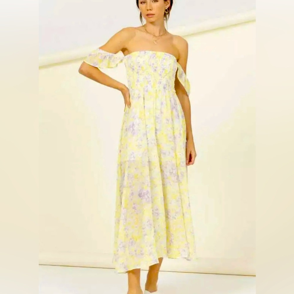 Strapless Floral Yellow Dress